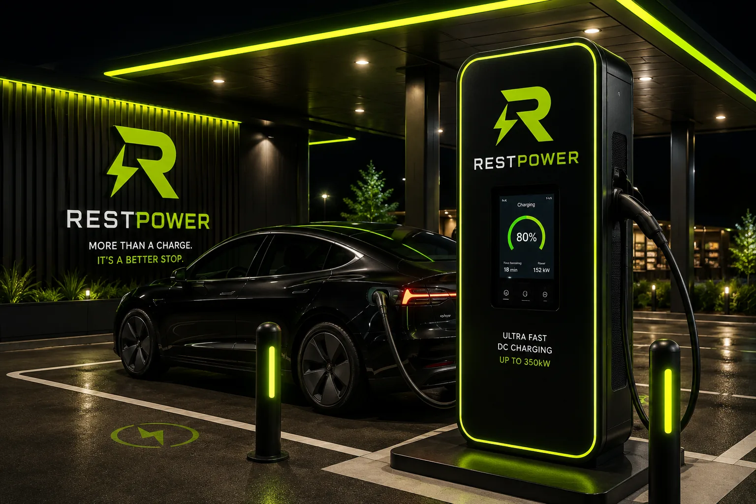 RestPower charging and hospitality destination concept at night